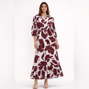 Zara White Maxi Dress with Burgundy Leaf Print NWT